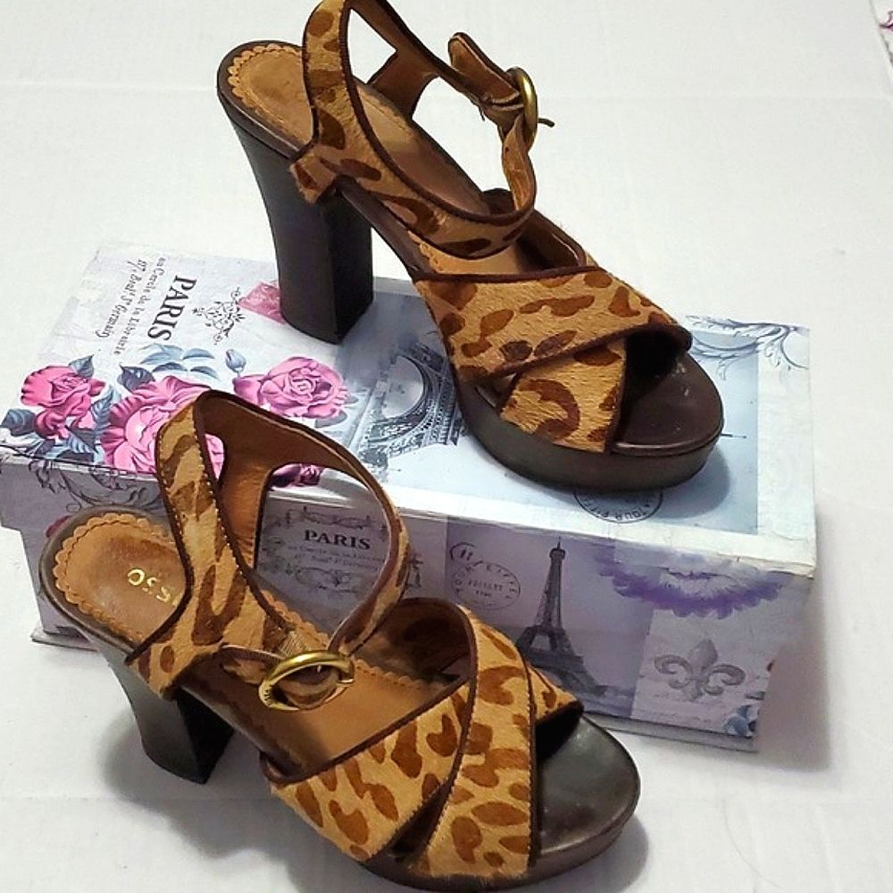 Fossil Ramona Calf Hair Cheetah Animal Print Chunky Platform Sandals 5.5